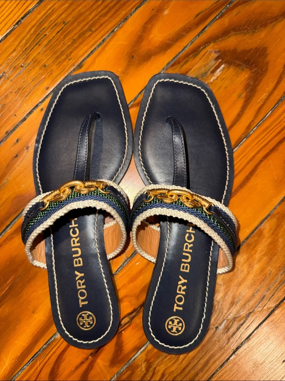 Tory Burch Navy Braided Strap Sandals with Gold Chain